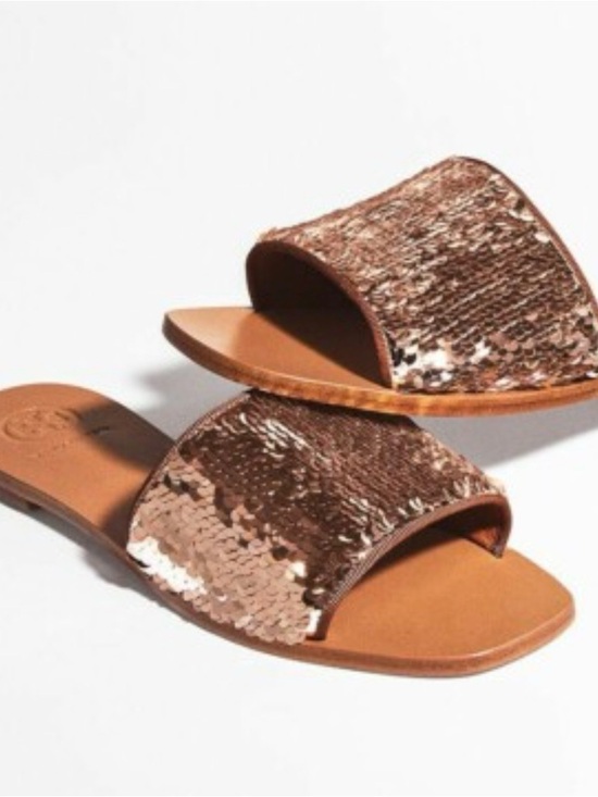Tory Burch Shoes - Tory Burch Carter Rose Gold Sequin Slide Sandals